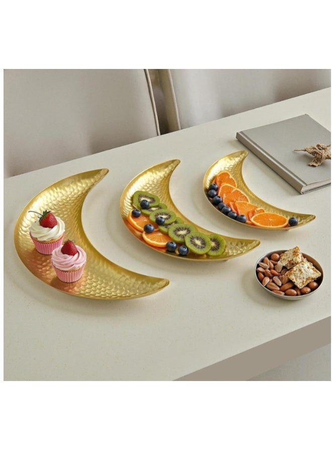 الواحة-TH 3 قطع من زينة عيد مبارك، صينية تقديم طعام على شكل هلال، طبق تقديم طعام، أطباق فواكه وحلوى، حاوية تخزين طعام وحلوى، رمضان، إسلامي، حفلة، صينية ذهبية لعيد مبارك - Image 1